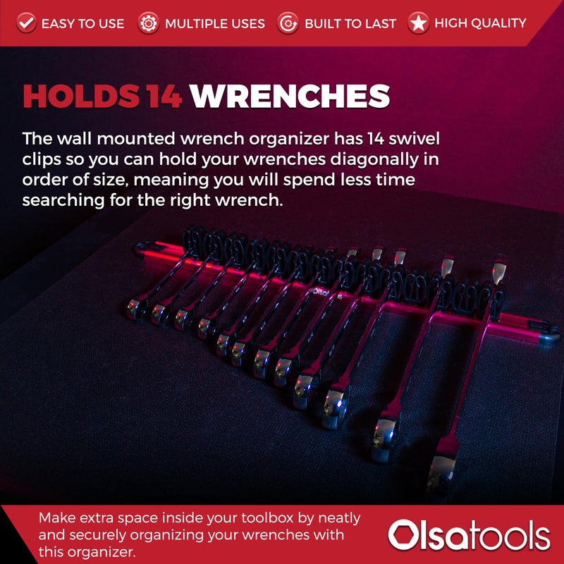 Olsa Tools Wall-Mounted Wrench Rack - Red Anodized Aluminum Rail with Black Clips - Stores 14 SAE or Metric Wrenches Securely - Professional Organizer - Part: 1028 - Image 3